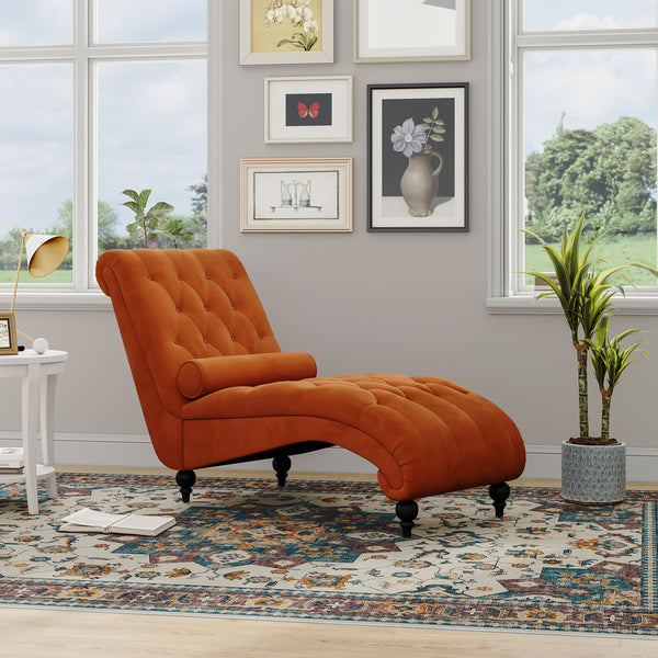 Vesgantti Velvet Button-tufted Indoor Chaise Lounge, Upholstered Chaise Longue Chair with Lumbar Pillow, Leisure Chair for Living Room Bedroom and Office, Easy to Assemble