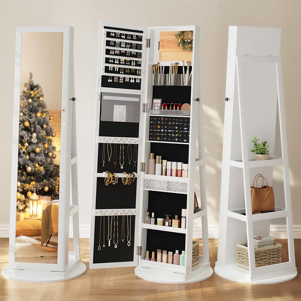 Dripex Jewelry Organiser Mirror Wardrobe, 360-degree View‌ Swivel Jewelry Storage, Lockable, 3 in 1 Free Standing Mirror with Storage Shelves