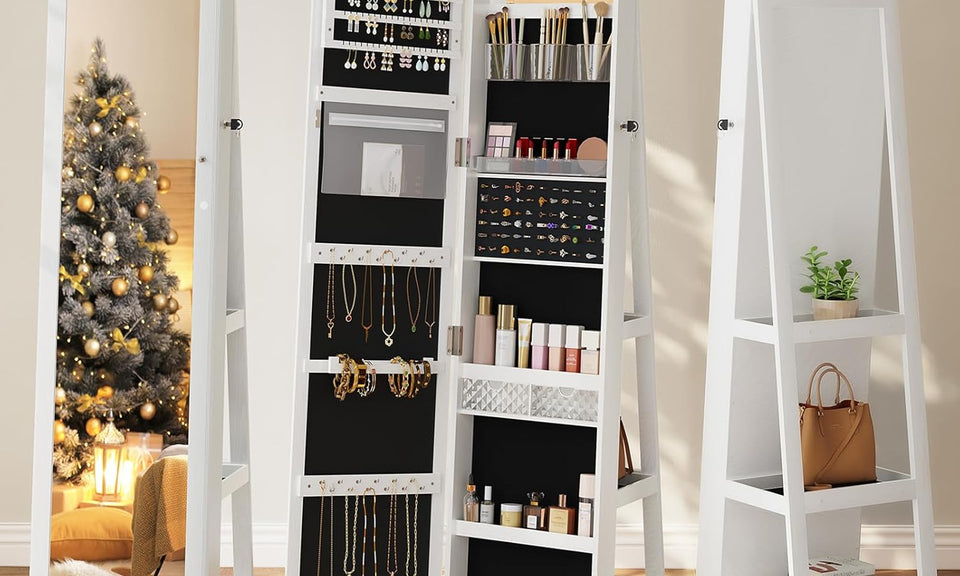 Dripex Jewelry Organiser Mirror Wardrobe, 360-degree View‌ Swivel Jewelry Storage, Lockable, 3 in 1 Free Standing Mirror with Storage Shelves