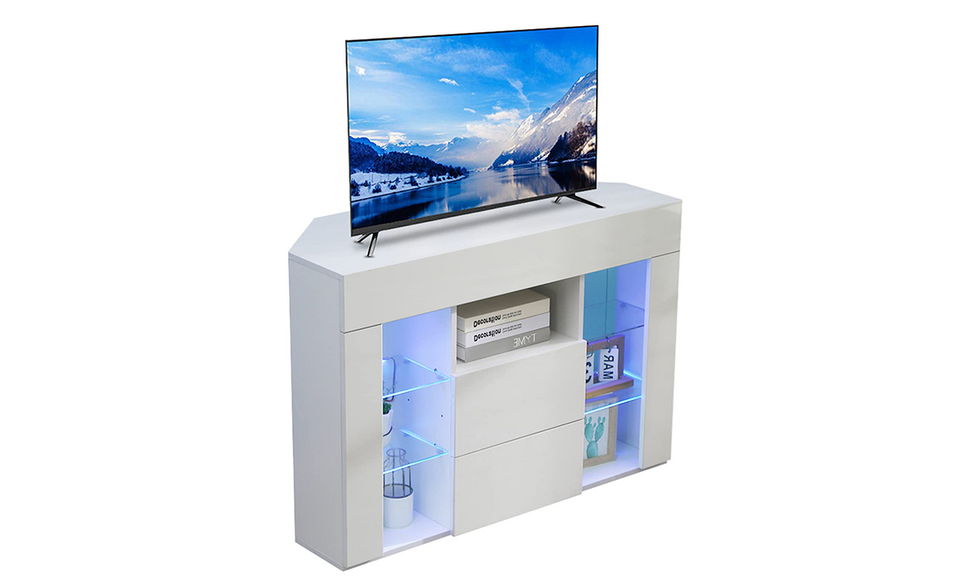 Dripex 100cm Corner TV Unit, High Gloss TV Stand with RGB Lights & Storage, Cabinet for 32–50'' TVs, White