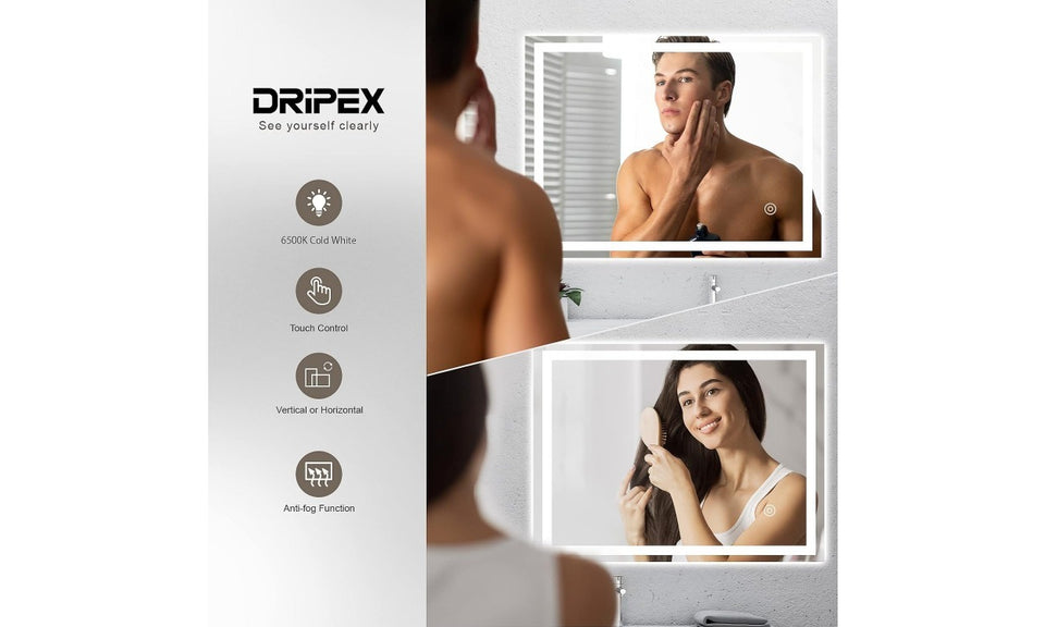 Dripex Bathroom Mirror with LED Lights, Illuminated Bathroom Mirror Wall Mounted Vanity Mirror, Bathroom Light Mirror with Demister Pad, Horizontal/Vertical [Energy Class B]