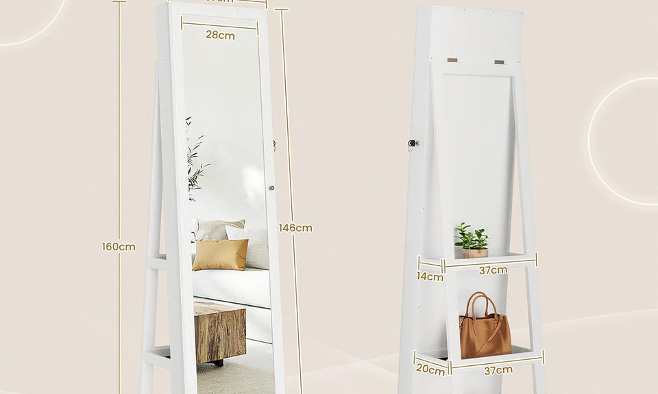 Dripex Jewelry Organiser Mirror Wardrobe, 360-degree View‌ Swivel Jewelry Storage, Lockable, 3 in 1 Free Standing Mirror with Storage Shelves