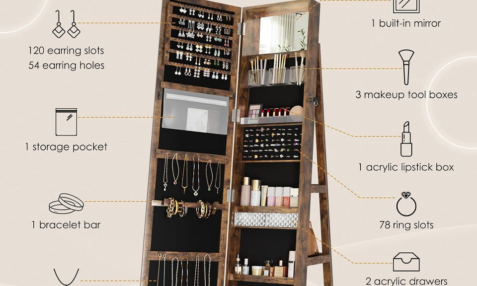 Dripex Jewelry Organiser Mirror Wardrobe, 360-degree View‌ Swivel Jewelry Storage, Lockable, 3 in 1 Free Standing Mirror with Storage Shelves