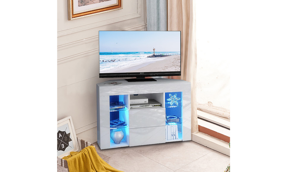 Dripex 100cm Corner TV Unit, High Gloss TV Stand with RGB Lights & Storage, Cabinet for 32–50'' TVs, White