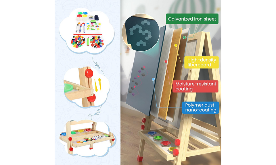 Dripex Kid Wooden Art Easel, Double-Sided Height Adjustable Painting Blackboard with Magnetic Accessories Chalk and Sponge