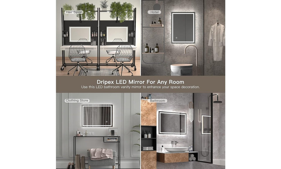 Dripex Bathroom Mirror with LED Lights, Illuminated Bathroom Mirror Wall Mounted Vanity Mirror, Bathroom Light Mirror with Demister Pad, Horizontal/Vertical [Energy Class B]
