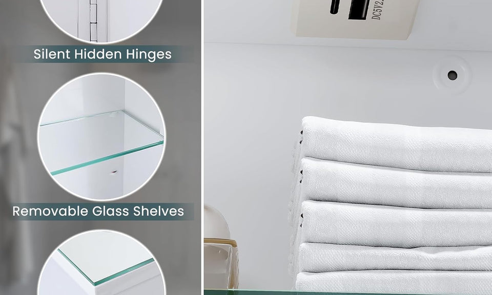 Dripex LED Bathroom Mirror Cabinet, Bathroom Mirror Cabinet with LED Lights Shaver Socket and Demister Pad, Non-contact Sensor Switch, White/Right hinge