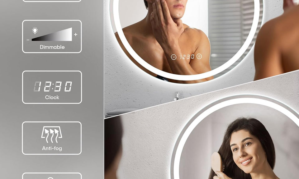 Dripex Time Display Round Bathroom LED Mirror, Illuminated Wall Mounted Circle LED Bathroom Mirror, Anti-fog, 3 Lighting Modes, Dimmable, Front+Backlit, IP4