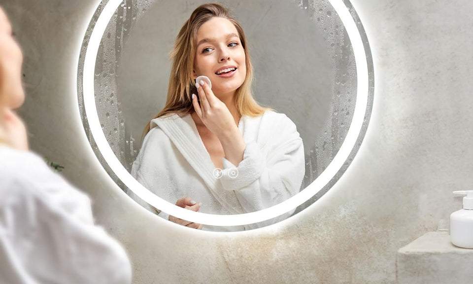 Dripex Bluetooth Round LED Bathroom Mirror, Illuminated Circle Bathroom LED Mirror with Speaker, Anti-fog, Wall Mounted, 3 Lighting Modes, Dimmable, Front+Backlit, IP44