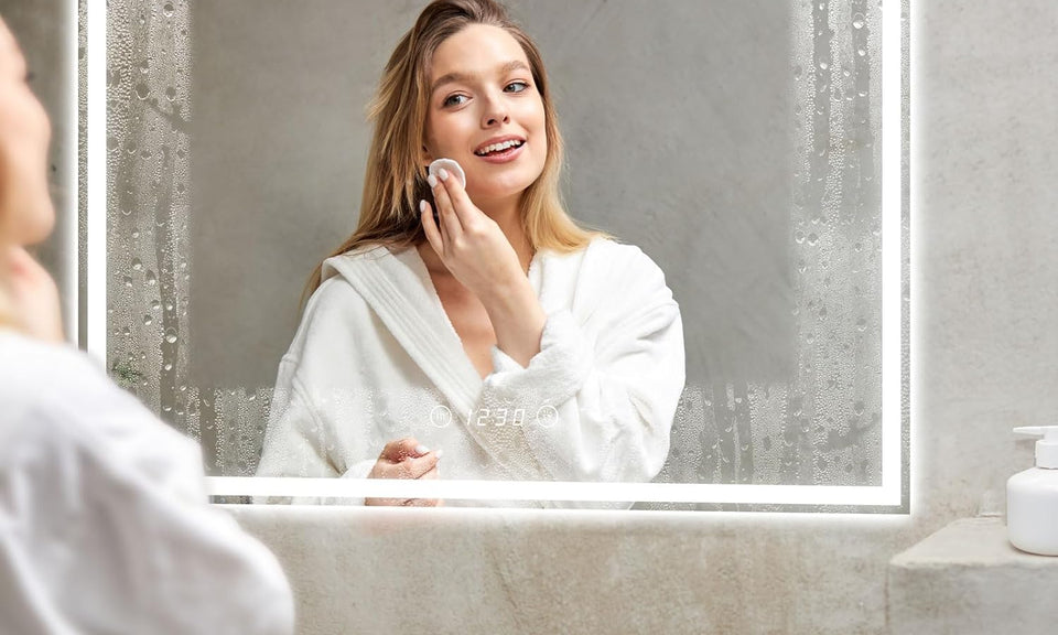 Dripex LED Bathroom Mirror with Shaver Socket and Clock, 600 * 800 MM Dimmable 3 Colors Illuminated Backlit Wall Mounted Bathroom Mirrors Anti-fog Vanity Mirror, Horizontal Only