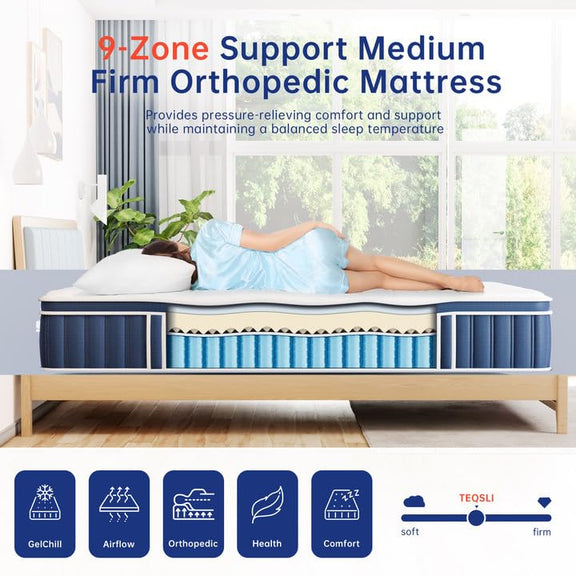 TeQsli 4FT6 Double Mattress, 10.6 Inch Memory Foam Sprung Hybrid Mattress for Pressure Relief & Edge Support, 9-Zone Support Orthopedic Mattress Medium Firm with Skin-Friendly Fabric 135x190x27cm Visit the TeQsli Store