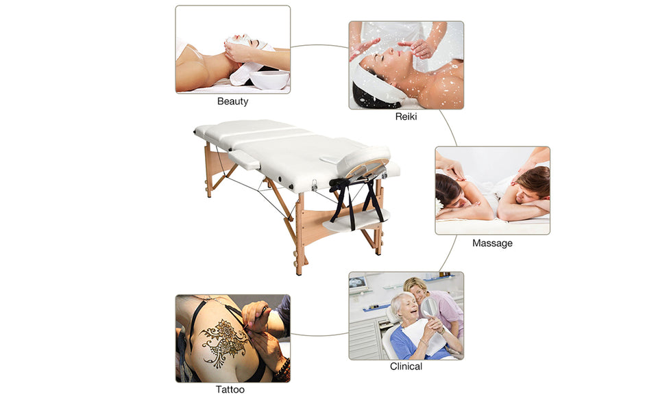 Vesgantti Portable Massage Bed Table - 3-Section Foldable Beauty Couch for Reiki Therapy Treatment Salon Healing - Metal Headrest Support/Carry Bag (Black/Beige White)