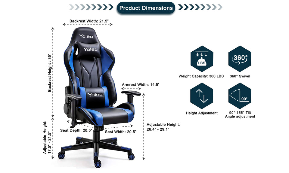 Yoleo/Bigzzia PC & Racing Game Chair-155 degree