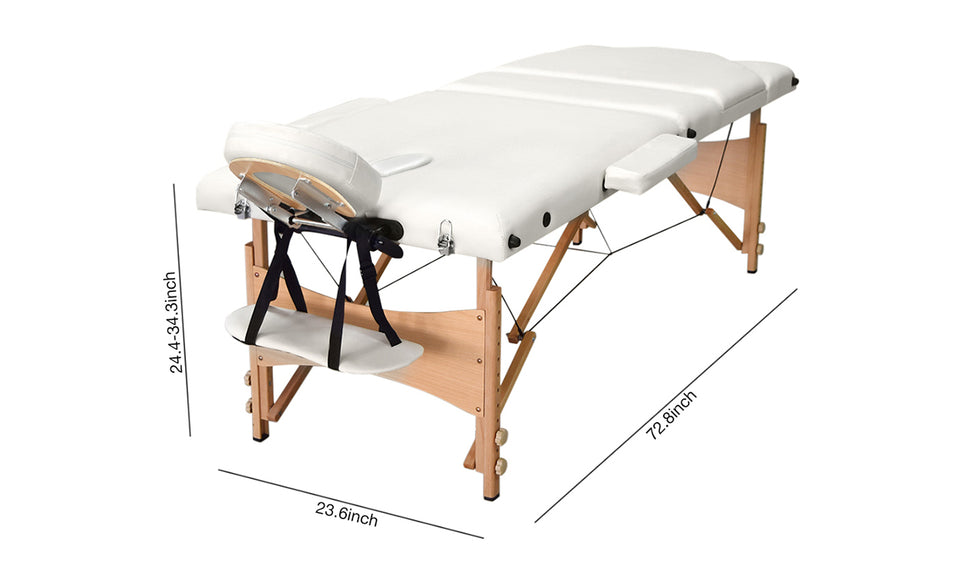 Vesgantti Portable Massage Bed Table - 3-Section Foldable Beauty Couch for Reiki Therapy Treatment Salon Healing - Metal Headrest Support/Carry Bag (Black/Beige White)