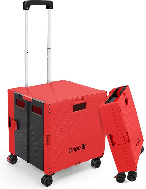 Dripex Folding Boot Cart Shopping Trolley Wheels, Collapsible Boot Cart Crate Box Utility Cart with Lift-Off Lid, 60kg Load Capacity, Red and Black