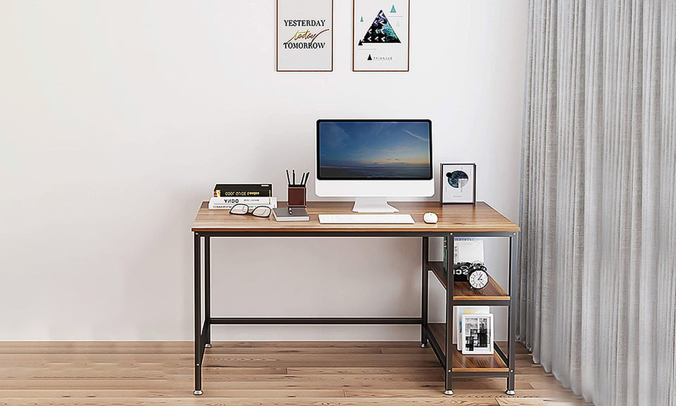 Yoleo Home Office Desk with 2 Shelves 47.2 inch Office Desk with Metal Legs Industrial Style Computer Desk Modern Steel Frame Wood Desk Compact Home Office Workstation Walnut