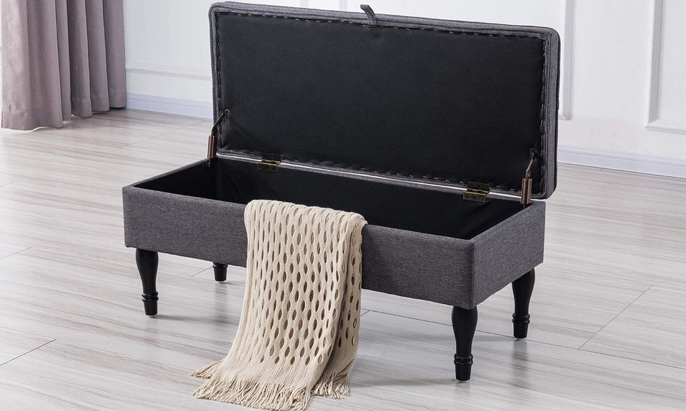 Mission Beige Tufted Fabric Storage Ottoman Bench Beige