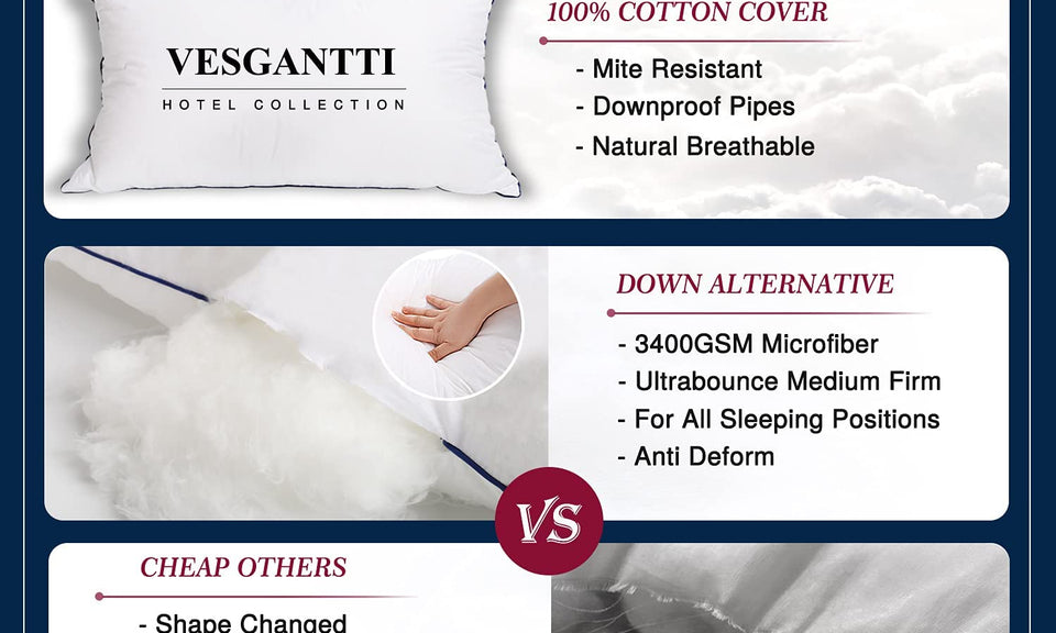 Vesgantti Pillows  Medium Firm 100% Cotton Cover, Down Alternative Filled - Anti Allergy Ultrabounce Pillows