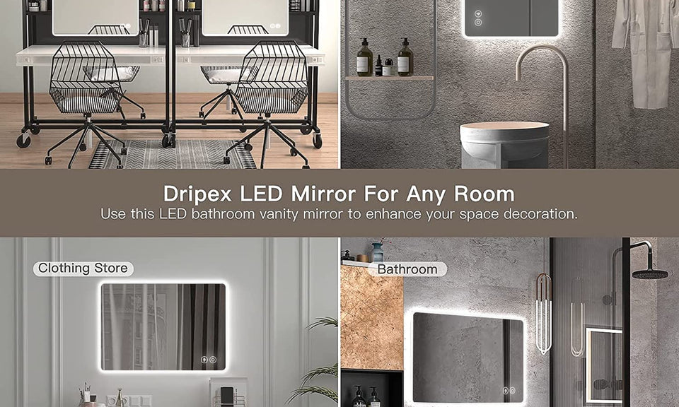 Dripex Illuminated Backlit LED Bathroom Mirror, 600*800 MM Bluetooth Bathroom Mirrors with Dimmable LED Lights and Demister Pad, Horizontal/Vertical