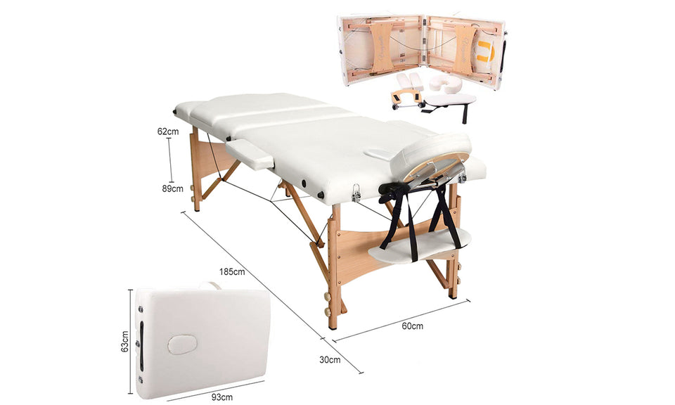 Vesgantti Portable Massage Bed Table - 3-Section Foldable Beauty Couch for Reiki Therapy Treatment Salon Healing - Metal Headrest Support/Carry Bag (Black/Beige White)